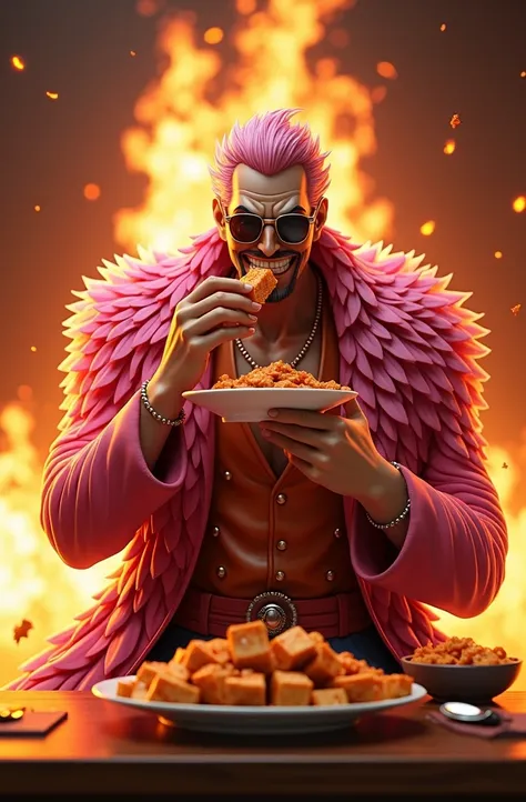 create a 3d character donxiqoute doflamingo eating spicy tofu with a fire background