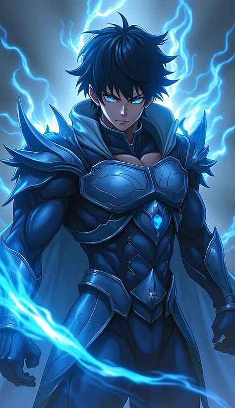 (photorealism:1.2), An anime character, ,black hair, blue eyes, dark background, blue sparks, wearing cape, well built, wearing a metallic suit armor , KAI, Jujutsu Kaizen graphics
