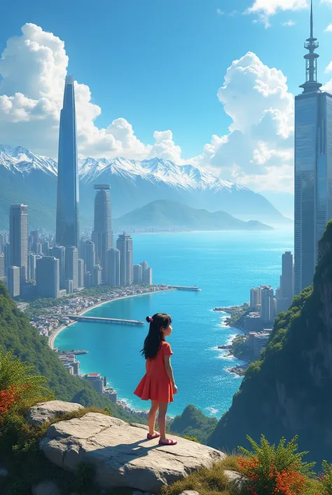 "A panoramic view showing a young girl admiring towering skyscrapers, sparkling oceans, and majestic mountains in the distance.""Hyper-realistic, 8k,ultra HD, pixar style, Disney style, cinima 4d, ar 3:2
