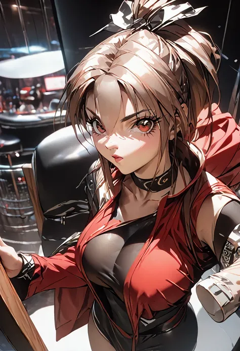 (((masterpiece) (((((best quality))))((high resolution))))), Very detailed, Ultra-realistic, )、、Lockersルーム、Red ninja costume、ponytail、Huge breasts、Lockers、sleeveless、((Poker face))、from above.Standing，Mai Shiranui，Mai Shiranui