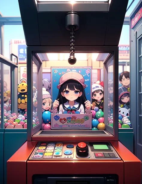 (((masterpiece))), (((highest quality))), ((claw machine)), place your hand on the bottom panel, operate the long joystick、press...