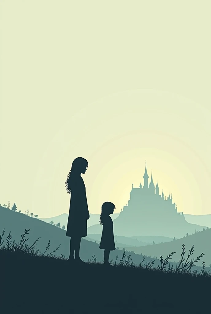 Create an image, with a silhouette looking at the horizon, and a castle in the background.
Another silhouette nearby, taking care of the first.