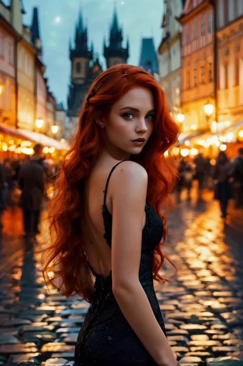 a breathtaking woman, full body photo, adorned with flaming red hair that falls over her shoulders, emerald green eyes sparkle w...