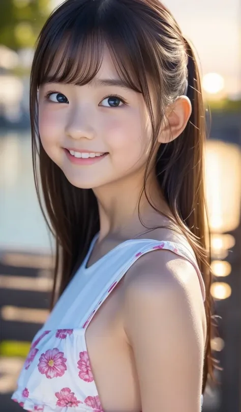 masterpiece, 8k, adorable, very pretty, adolescent, seaside,  japanese girl, (portrait, close-up:1.2), exposed forehead, scrunch...