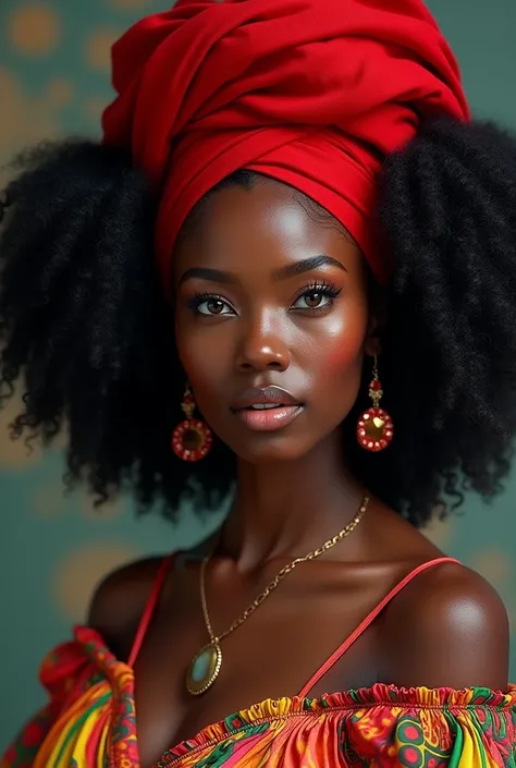 Black woman with colorful dress and red turban, with amber eyes and curly black hair 