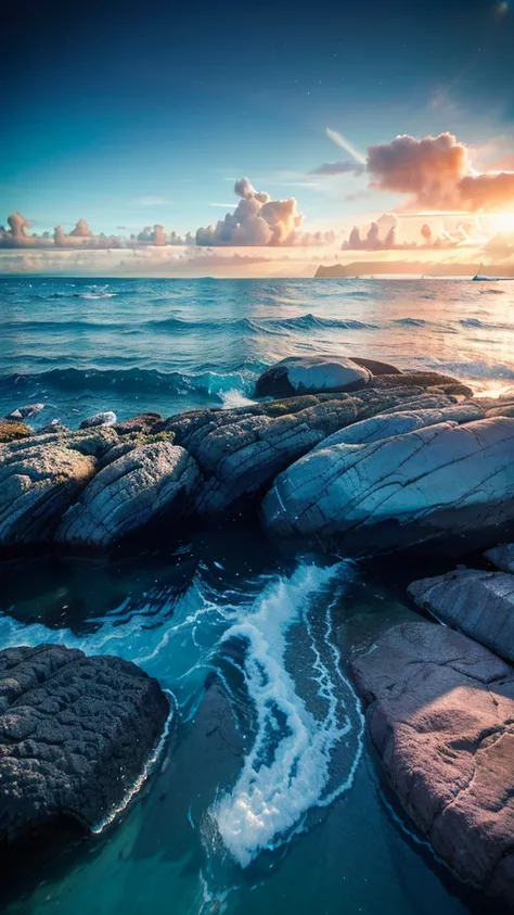 Ultra-realism . a breathtaking seascape of group of seals, including the white seal, basking happily in the sun on a rocky beach by the turquoise water. The sky is clear, and the seals are relaxed and content, symbolizing a peaceful and happy ending to the...