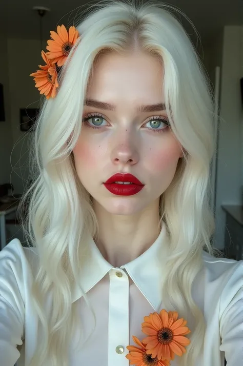 generate a photo of a woman with an aesthetic appearance, pale skin, long platinum white hair,  wearing dark red lipstick with gloss, wearing a white long-sleeved blouse with orange flowers, taking a selfie, serious expression