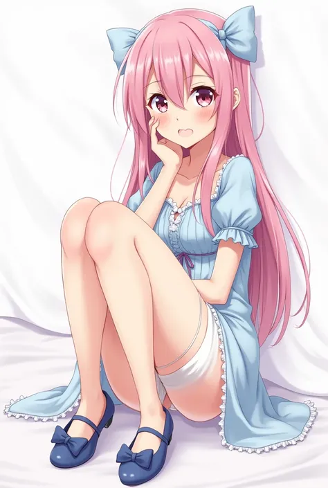 Anime woman with embarrassed face sitting facing front with long pink hair with a big bow and light blue dress showing her legs open at 45 degrees upwards showing her white underwear and buttocks wearing blue flat shoes with a bow