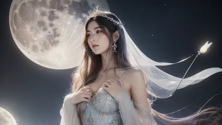 "(dreamy quality: 1.5), (soft pastel colors: 1.4), (elegant full-length portrait), goddess of the moon, (gentle look), (flowing ...