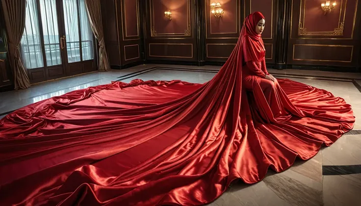 a woman shrouded in a 4-meter-long, plush red satin cloth, tightly bound and grandly draping along the form of her body, flowing...