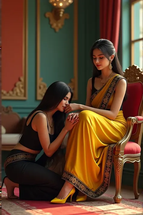 Create a 3D realistic image of a 20-year-old girl in a beautiful yellow and black saree, wearing yellow high-heeled shoes, sitting on a fancy chair. While the other girl is sitting at his feet and kissing his feet. Both of them are sitting in a beautiful r...