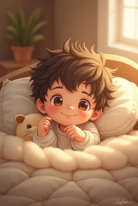 Cute boy sitting on a bed 