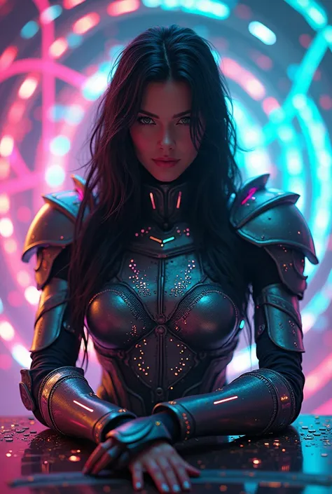 A fierce female warrior with long, flowing black hair, her armor etched with glowing rainbow colored circuits, lining strip of RGB led lighting  and electronic chip, stands in the heart of a digital nexus. leaning on object, head slightly tilt, looking at ...