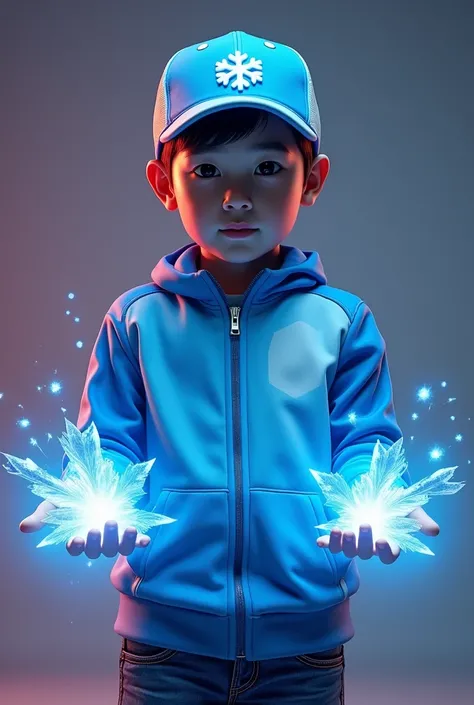 a young real boy Malaysia Indonesia . wearing an (blue and white ) zip-up shirt, (blue and white ) cap with small (snow flakes) logo, detailed face, cinematic lighting, dramatic atmosphere, vibrant colors, 8k, high quality, photorealistic. Hero suit. (Ice)...