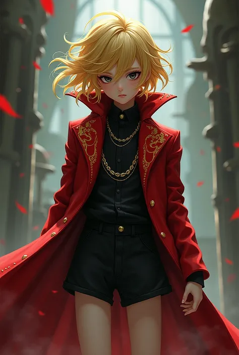 Black eyed boy,golden hair, com  de ideda, Black short shorts, red tailcoat