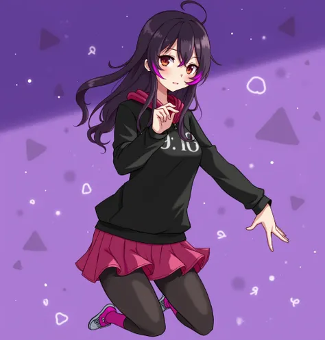 anime girl with dark purple hair and two pink streaks on her bangs, wearing a black sweatshirt, a short pink skirt and black  leggings, pink socks and black shoes