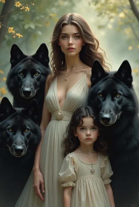 Woman with elegant dress, brown hair and brown eyes next to her young daughter with black hair and green eyes next to them 4 black wolves 