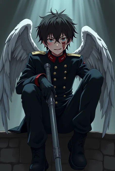 A 16 year old boy, dressed like a soldier but in a black uniform, with a soldier&#39;s weapon, with dark brown hair and dark blue eyes, look and smiling expression a little psychopathic, with blood stains on the face, with black gloves, anime style, He loo...