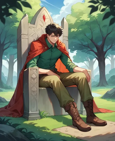 Boy with short black hair, wearing a red-colored cape with holes, and a green polo shirt and torn brown pants and leather boots, sitting on a stone throne, in an open field surrounded by anime style trees