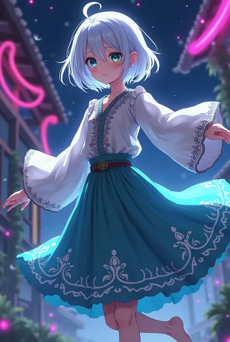 anime style, young adult woman, with one blue eye and one green eye, short white hair.
Bella, wears folklore clothing.
is dancing.
 at night with neon colored details.