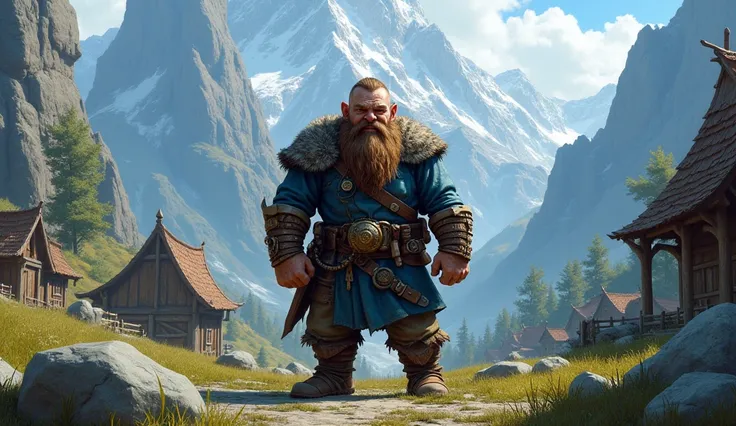 4feet tall dwarf with scars wearing  blue and dirty  rugged clothes.A small, peaceful village surrounded by towering mountains, with a brave dwarf named Thrain standing at the center, dressed in rugged, adventurers gear.*