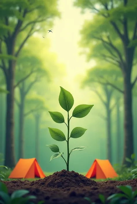 Create a contemporary poster design combining protected forest planting activities and camping tents, with a focus on several tree seedlings