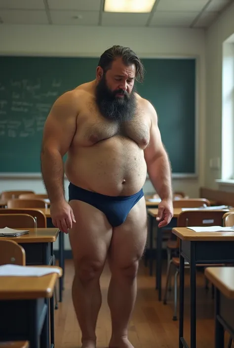 Hairy and bearded mixed race teacher, in navy blue underwear, embarrassed and shy with a student during class. 