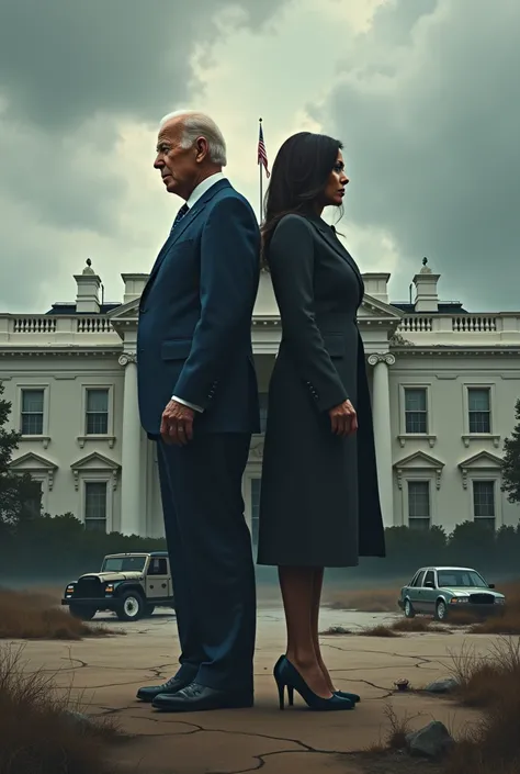 Make an image of Joe Biden and Kamala Harris as one person. Each side is one and they are joined in the center. There is an apocalyptic Whitehouse behind 