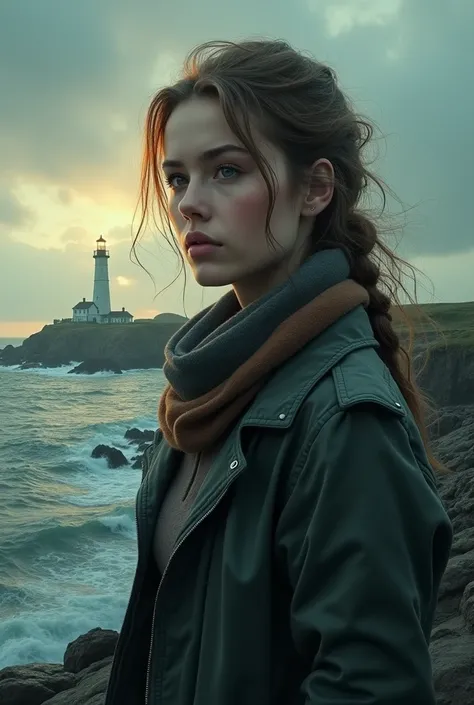 Imagine the cover of a book called "the horizon of memories" which is about a journalist named Sara and a lighthouse