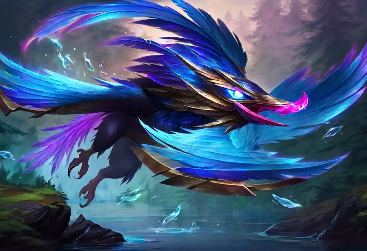 (Fantasy) An electric eagle (blue color schemed feathers, glowing eyes) is flying up in the air with a big pink salmon in its claws, water disturbed under the fish, serene lake and forest
