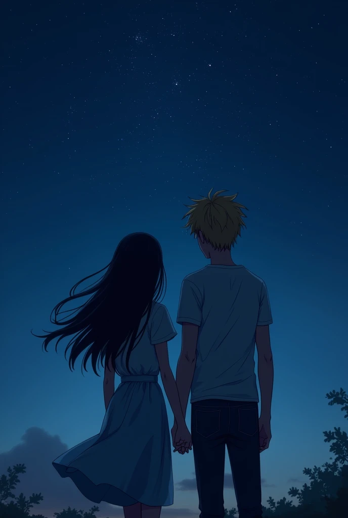 Create a 23 year old girl with long black hair next to a 25 year old boy with blonde hair, In the background the night with stars and the two of them with their backs turned