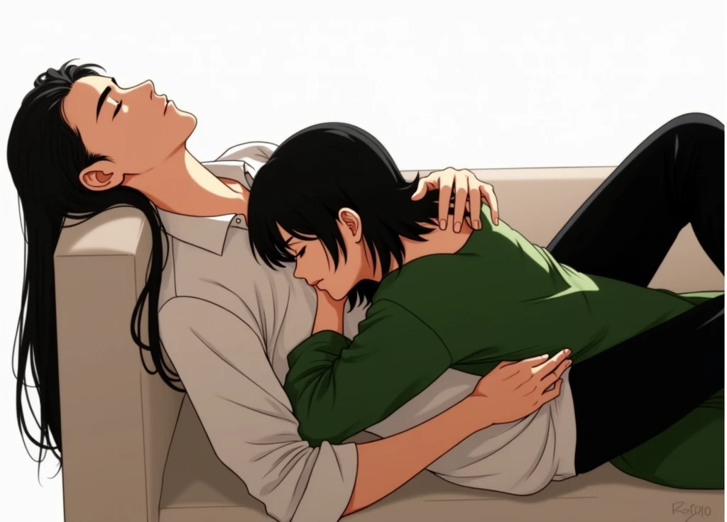 A guy with long black hair is lying and sleeping, eyes closed, a girl with shoulder-length black hair is sleeping on him, eyes closed, anime art, masterpiece, realistic, over-detailed, professional quality