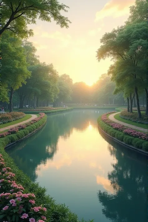 Create a landscape in a park with a lake and some plants well decorated at dawn