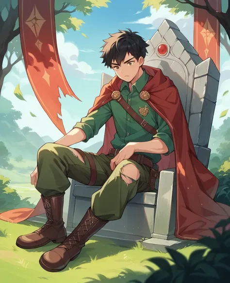 Young boy with short black hair, wearing a red-colored cape with holes, and a green polo shirt and torn brown pants and leather boots, sitting on a stone throne, in an open field surrounded by anime style trees