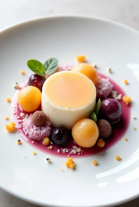 Dessert plating with the following elements:
- plain cheesecake - blackberry jam - small guava bites - rambutan granita