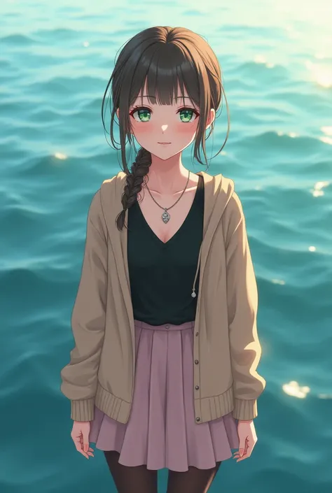 teen girl, by sea blue, green eyes, pale skin with freckles, hair tied in a braid, black v-neck t-shirt, pale pink skirt, black stockings, coffee boots and light coffee color cardigan type sweater, silver pendant, anime style 