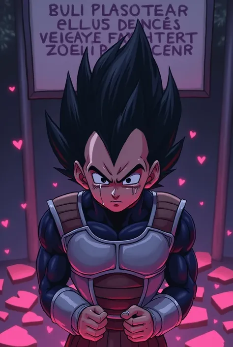 Sad background with purple broken hearts, Vegeta crying and a sign behind him that says "But I don&#39;t want you to forget that I followed you to the sea And a song was the love we never made I&#39;m leaving because you never saw that the moon was my soul...