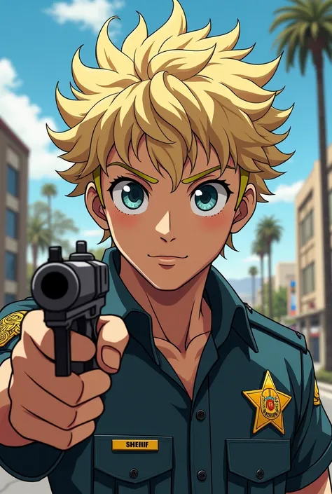 los angeles sheriff, blonde "white" curly hair, anime style drawing (man) uses a gun