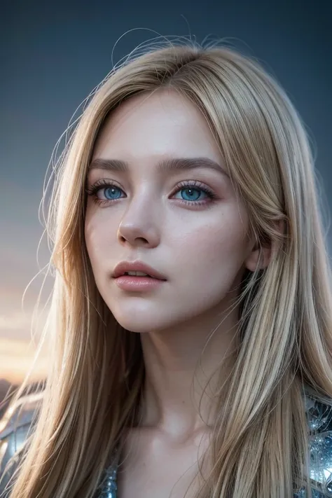 a beautiful woman with long blonde hair looking up at the sky, (1girl,detailed face,beautiful detailed eyes,beautiful detailed lips,extremely detailed eyes and face,longeyelashes), surreal futuristic landscape, backlighting, sparkling effects, ultra-wide a...