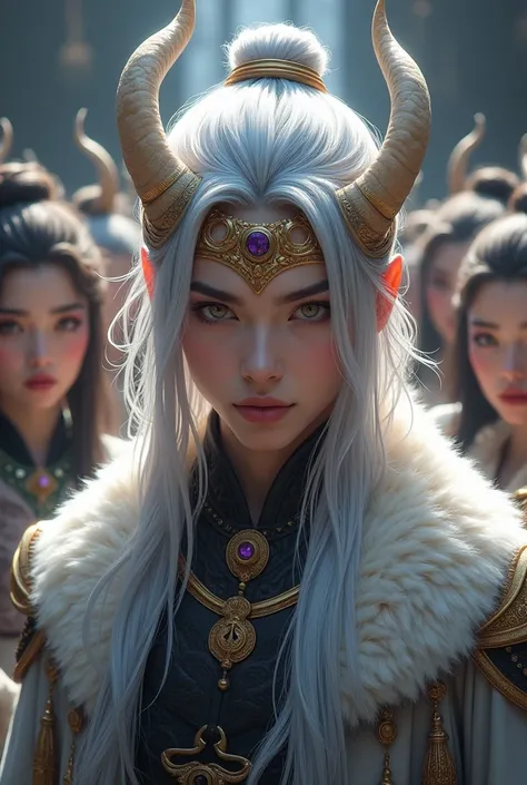 Handsome young man between 18 and 2 ,long silver hair tied in a bun with amethyst eyes wearing a beautiful outfit made with white bear skins, tigers, a crown of horns above his head, surrounded by beutys concubines