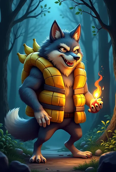 Cartoon character of a strong wolf, with dynamite banana vest, in dark forest, an animated character, with a banana in your mouth and a bomb in your hand