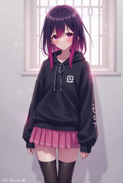 anime girl with dark purple hair and two pink streaks on her bangs, wearing a black sweatshirt, a short pink skirt and black  leggings, pink socks and black shoes