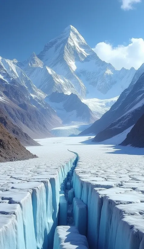 A wide-angle shot of Mount Everest from the Everest Base Camp, capturing the vast expanse of the Khumbu Glacier in the foreground. The towering peaks of the Himalayas rise majestically against a clear blue sky, with Everest dominating the background. The r...