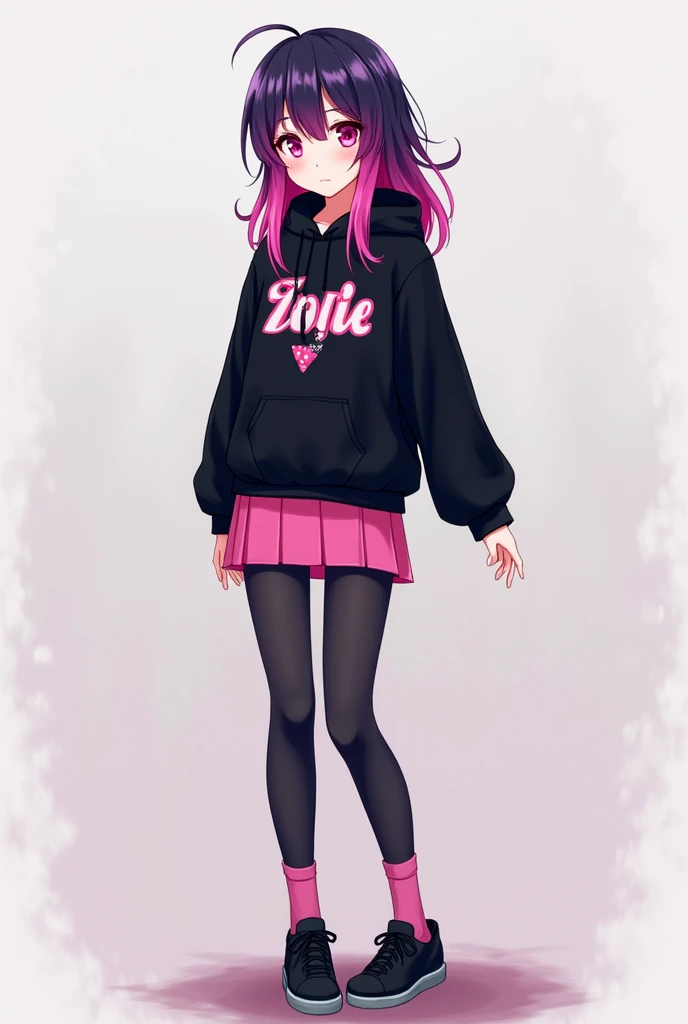 anime girl with dark purple hair and two pink streaks on her bangs, wearing a black sweatshirt, a short pink skirt and black  leggings, pink socks and black shoes