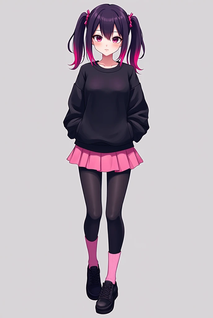 anime girl with dark purple hair and two pink streaks on her bangs, wearing a black sweatshirt, a short pink skirt and black  leggings, pink socks and black shoes