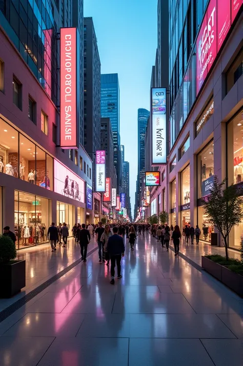 Image of a plaza in the USA with brand name clothing stores  , sports shoes , glasses , t-shirts , perfumes 
