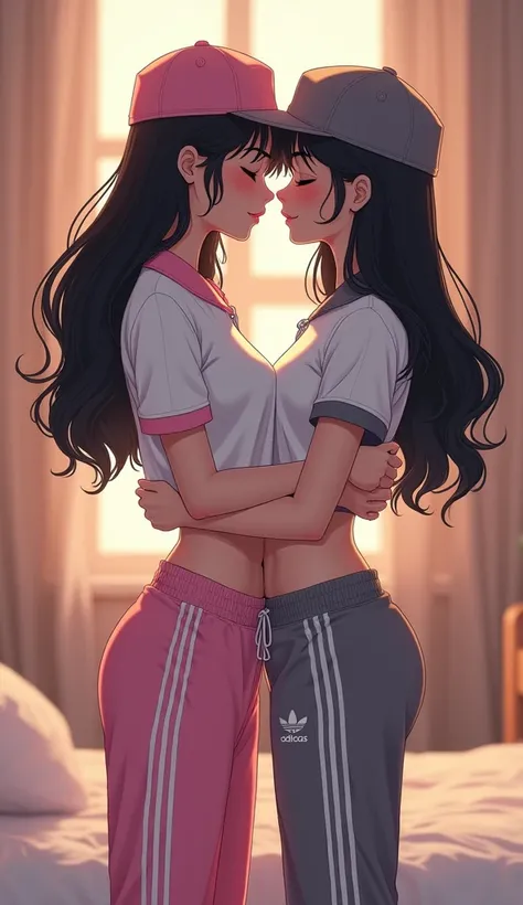 Two girls long black hairs, yuri

The first girl wear a white polo shirt pink shirt collar pink sleeves, pink cap, pink adidas sweatpants with three white stripes, black underpants, white socks.

The second girl wore a white polo shirt grey shirt collar gr...