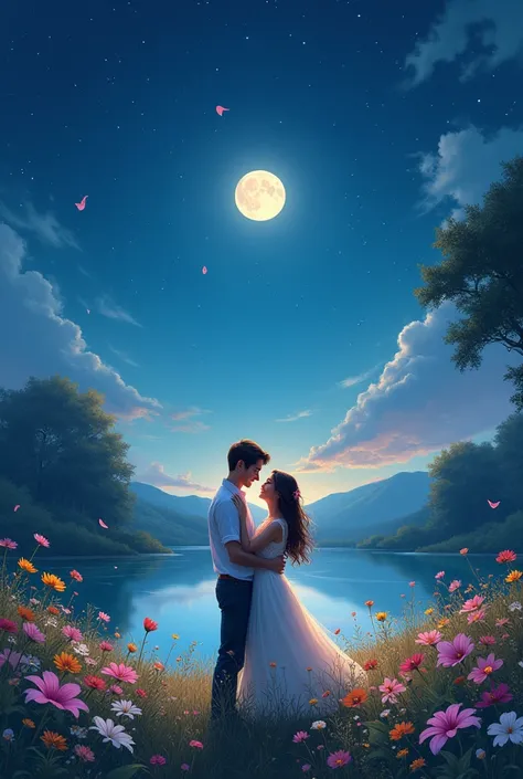 A beautiful landscape with a lake, starry moon, flowers and fluttering and saying happy night I think of you, a couple in love with a couple in love
