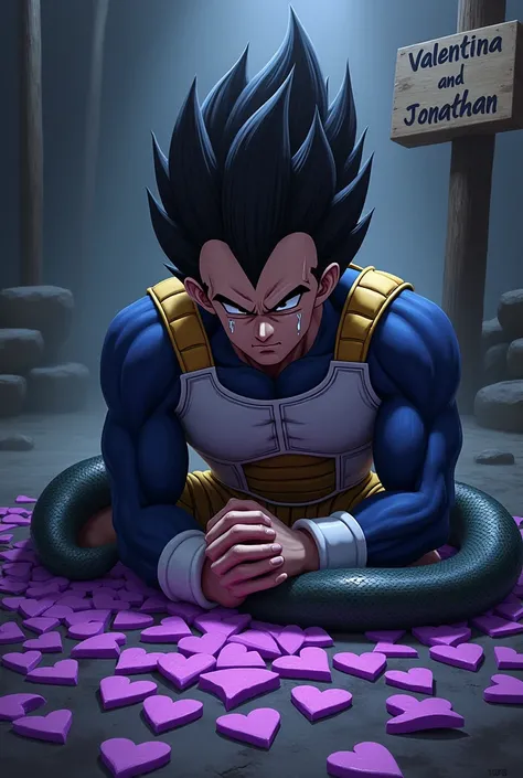 Vegeta crying very sad with broken purple hearts , with a snake and a sign that says Valentina and Jonathan TEAMO