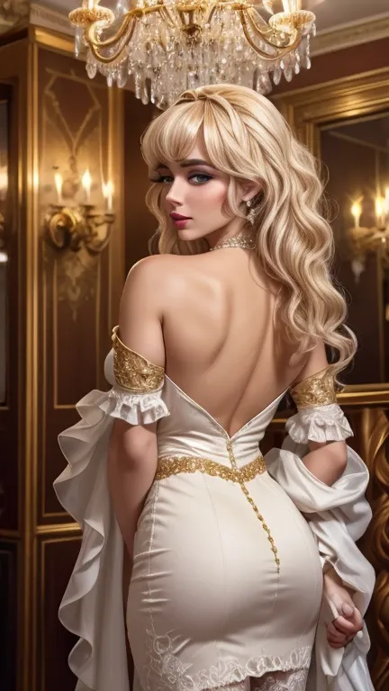 cinematic photo , gorgeous georgian era woman, shoulders back, head held high, grand elaborate white powdered wig, towering wig ...